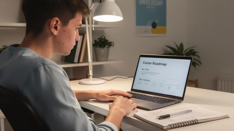 Student reviewing a career roadmap on a laptop